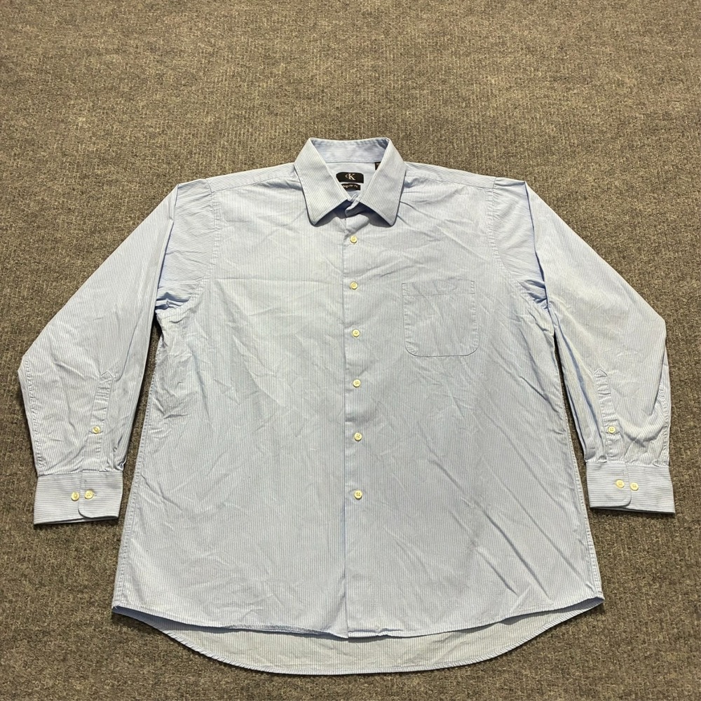 Calvin Klein Mens Button Up Shirt XL 17.5 Blue Striped Regular Fit Long Sleeve